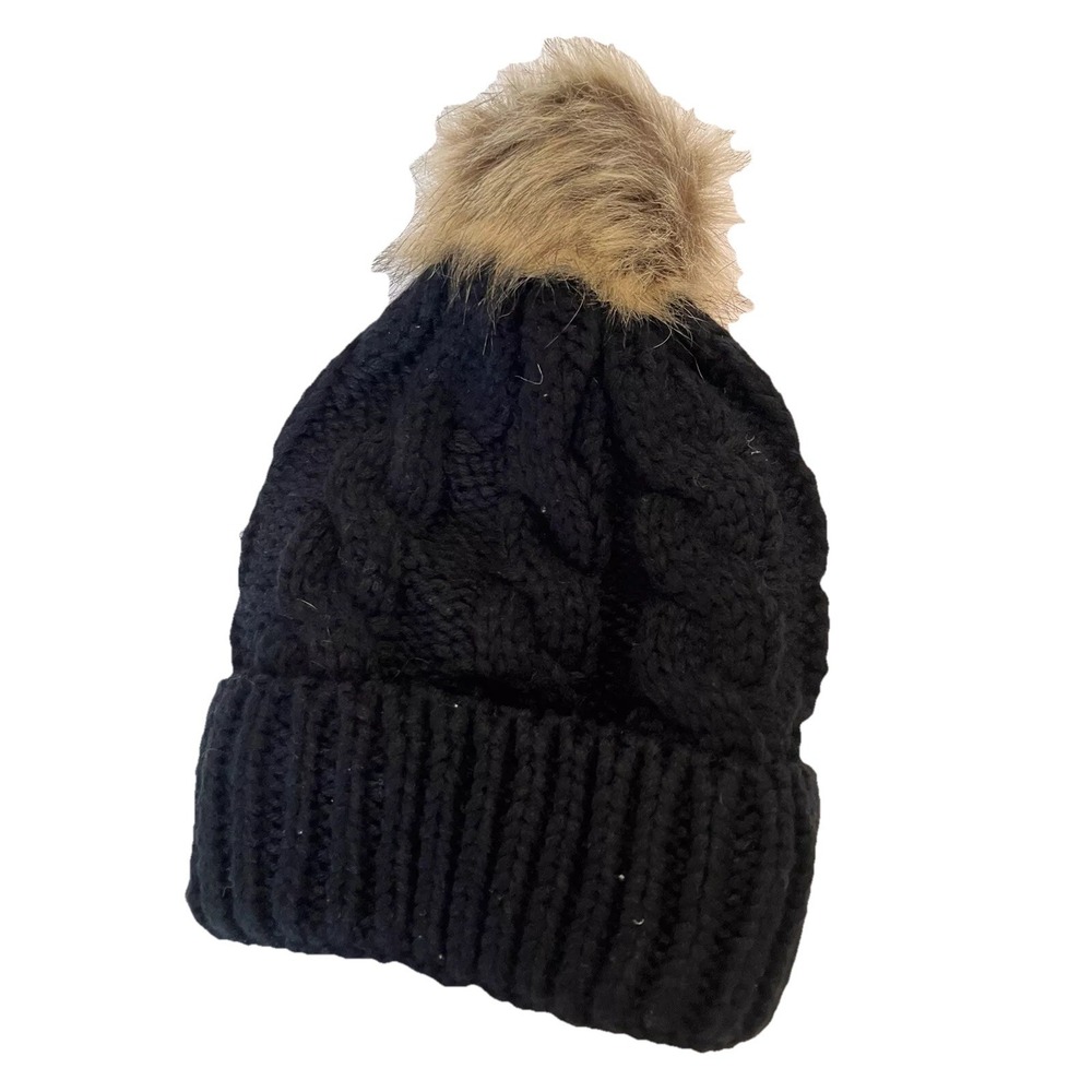 Youth Hat Beanie Black  Knit PomPom One Size Comfort Fur‎ Inside